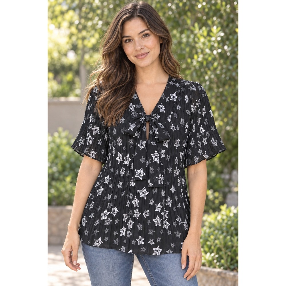 Allison Taylor Women's XL Black White Star Print Pleated Tie Neck Bow Blouse